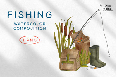 Watercolor Fishing PNG Clipart. Summer Fishing Composition Design