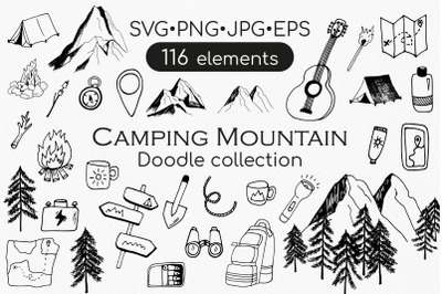 Camping and travel doodle set