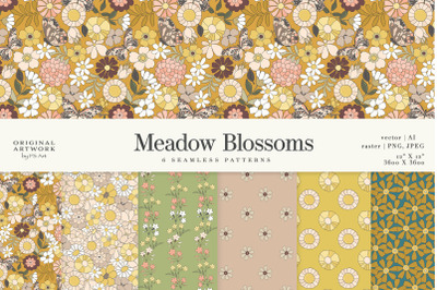Meadow Blossoms, Digital Paper Pack, Repeat Pattern, Seamless Patterns