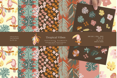 Tropical Vibes, Digital Floral Clipart, Individual Elements, Seamless