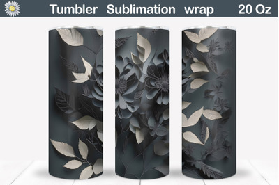 Black Flowers Tumbler Wrap | 3D Flowers Tumbler Sublimation