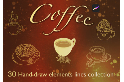 Coffee- 30 Hand draw elements lines collection  Procreate