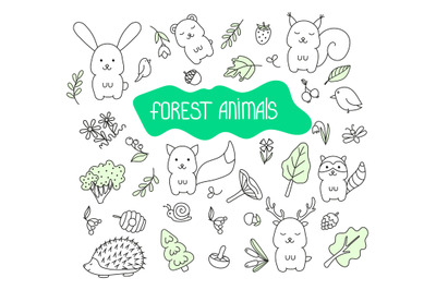 Set of forest cute animals in doodle style