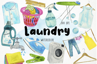 Watercolor Laundry Clipart, Cleaning Clipart, Housework Clipart, Wash
