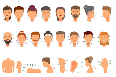 Acupuncture icons set cartoon vector. Meridian body