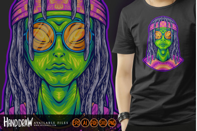 Bohemian alien old school hippie dreads illustrations