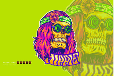 Trippy skull bohemian long haired with sunglasses illustrations