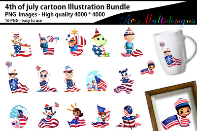 4th of july cartoon illustration bundle