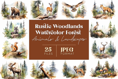 Rustic Woodlands Watercolor Forest Animals and Landscapes
