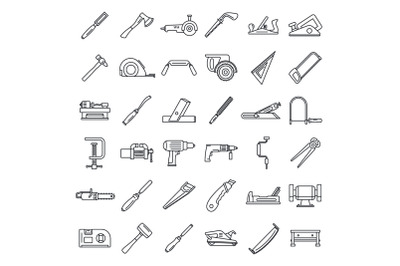 Carpenter working icon set, outline style