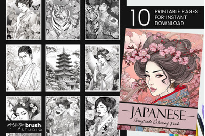 Japanese Printable Coloring Book&2C; Grayscale Coloring Pages