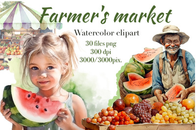 Farmer&#039;s market, watercolor clipart.