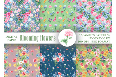 Summer, spring flowers watercolor digital paper, seamless pattern.
