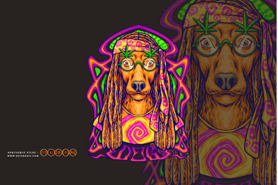 Hippie dog with psychedelic trippy frame background illustrations