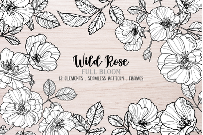 Vector Wild Rose Clipart, Black and White, Rosehip Clip Art, Dogrose,