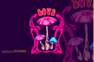 Magical mushroom family with psychedelic nouveau frame