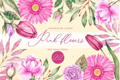 Watercolor Pink flowers clipart, PNG