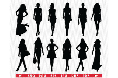 SVG Fashion Girls, Black Silhouettes digital clipart