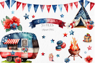 4th of July Watercolor Clipart PNG - independence day camper travel