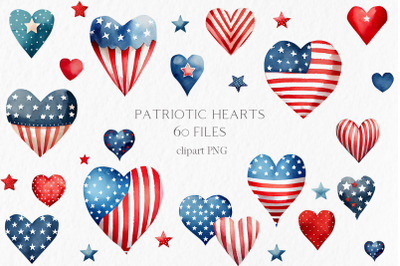 American flag hearts Watercolor Clipart PNG - 4th of July independence