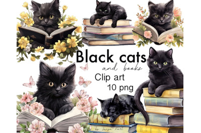 Black Cat Clipart With Books - 10 Png Files