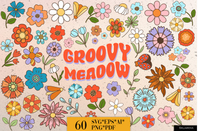 Retro groovy summer flowers SVG PNG EPS