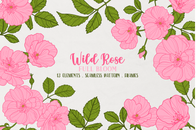 Vector Wild Rose Clipart, Pink Rosehip Clip Art, Dogrose, Flower