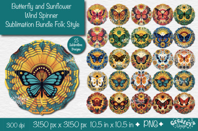 Butterfly Wind Spinner Sublimation Bundle Designs PNG in folk style