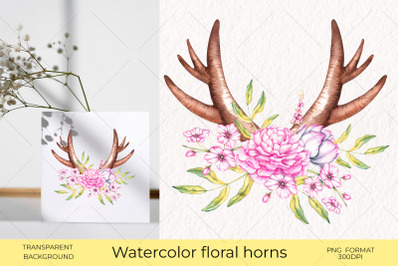Watercolor Horns with flowers Print PNG