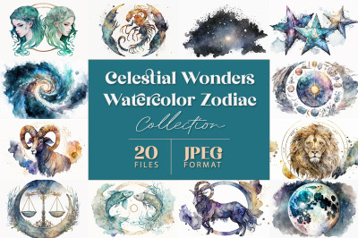 Celestial Wonders Watercolor Zodiac Collection