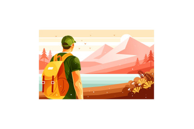 Hiker with Backpack Walking Mountain Climbing