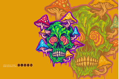 Trippy skull with psychedelic magic mushroom logo illustrations