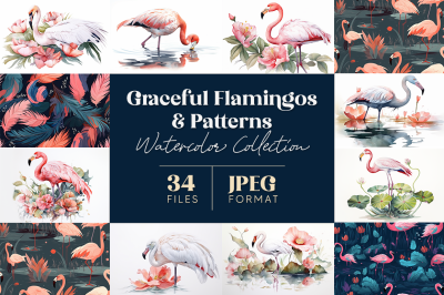 Graceful Flamingos and Patterns Watercolor Collection