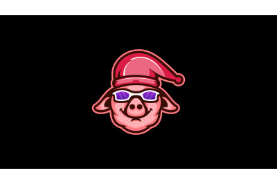 Cool pig head with night cap and glasses logo cartoon design abstract