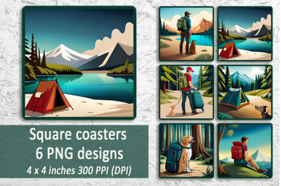 Camping square coasters. Sublimation Coaste bundle, png