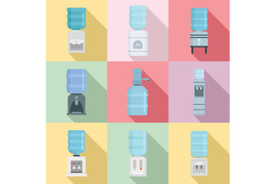 Cooler water icon set, flat style