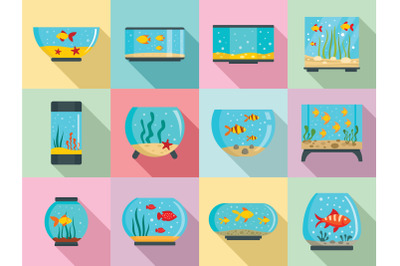 Aquarium icon set, flat style