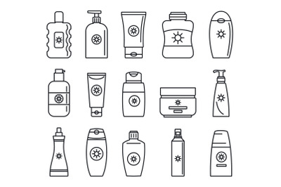 Sunscreen bottle icon set, outline style