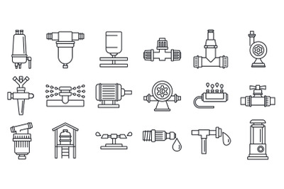 Agricultural irrigation system icon set, outline style