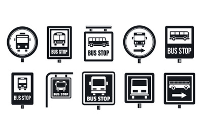 Bus stop sign icon set, simple style