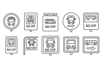 City bus stop sign icon set, outline style