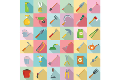 Gardening tools icon set, flat style
