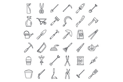 Farm gardening tools icon set, outline style