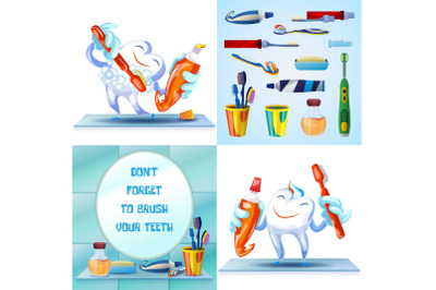 Cleaning toothbrush banner set, cartoon style