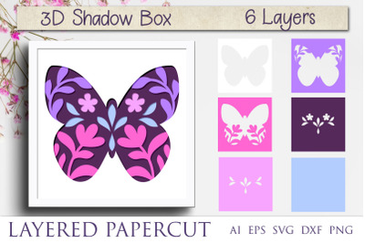 Butterfly shadow box svg, 3d layered flower papercut