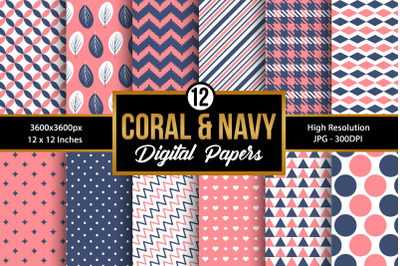Coral and Navy Seamless Pattern Digital Papers