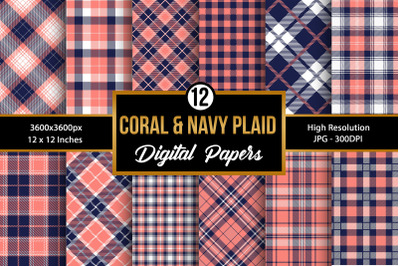 Coral and Navy Plaid Seamless Pattern Digital Papers