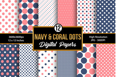 Navy and Coral Polka Dots Pattern Digital Papers