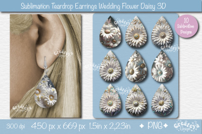 3D Earrings Sublimation| Teardrop earring 3D Daisy| 3D Wedding Floral