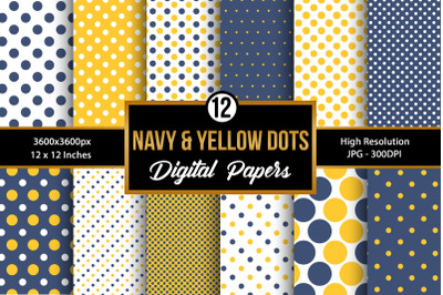 Navy &amp; Yellow Polka Dots Digital Papers